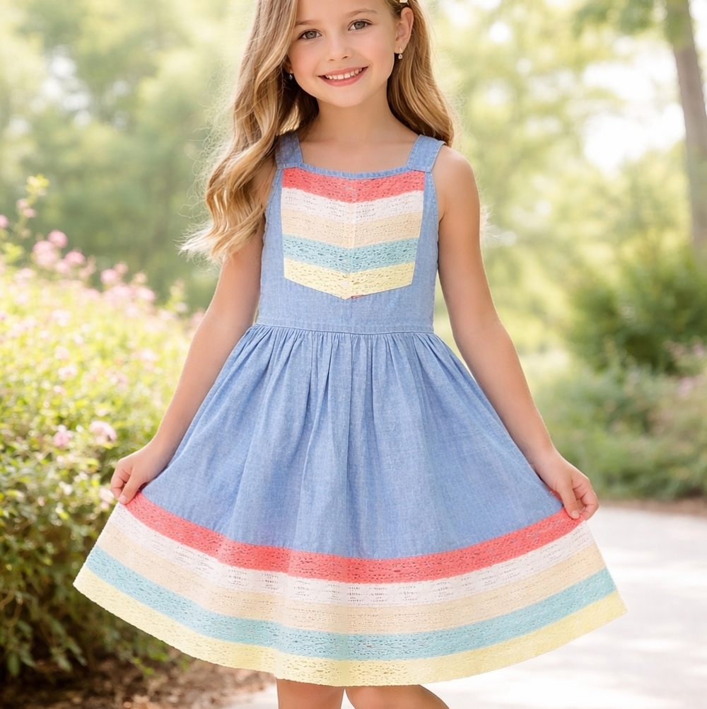 Aphorism Girls Chambray Dress Size 6 Blue Rainbow Lace Trim Sleeveless Spring